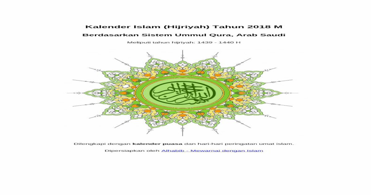 Kalender Islam Hijriyah Tahun 2018 M Tahun Hijriyah 1439 1440 H
