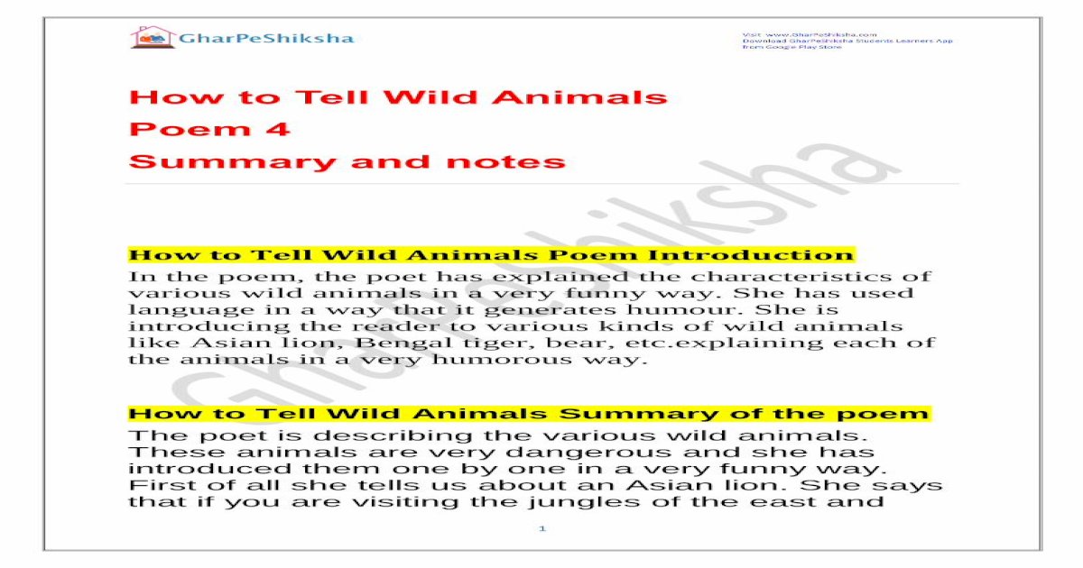 How to Tell Wild Animals Poem 4 Summary and ... - GharPeShiksha - [PDF  Document]