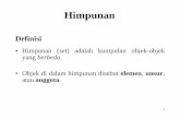 Himpunanishaq.staff.gunadarma.ac.id/.../files/43821/Himpunan.pdf1 Definisi •Himpunan (set) adalah kumpulan objek-objek yang berbeda. •Objek di dalam himpunan disebut elemen, unsur,