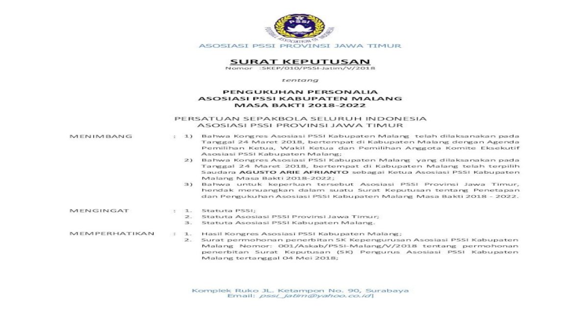 Surat Keputusan Nomor 001 Askab Pssi Malang V 2018 Tentang Permohonan Penerbitan Surat Keputusan Sk Pdf Document